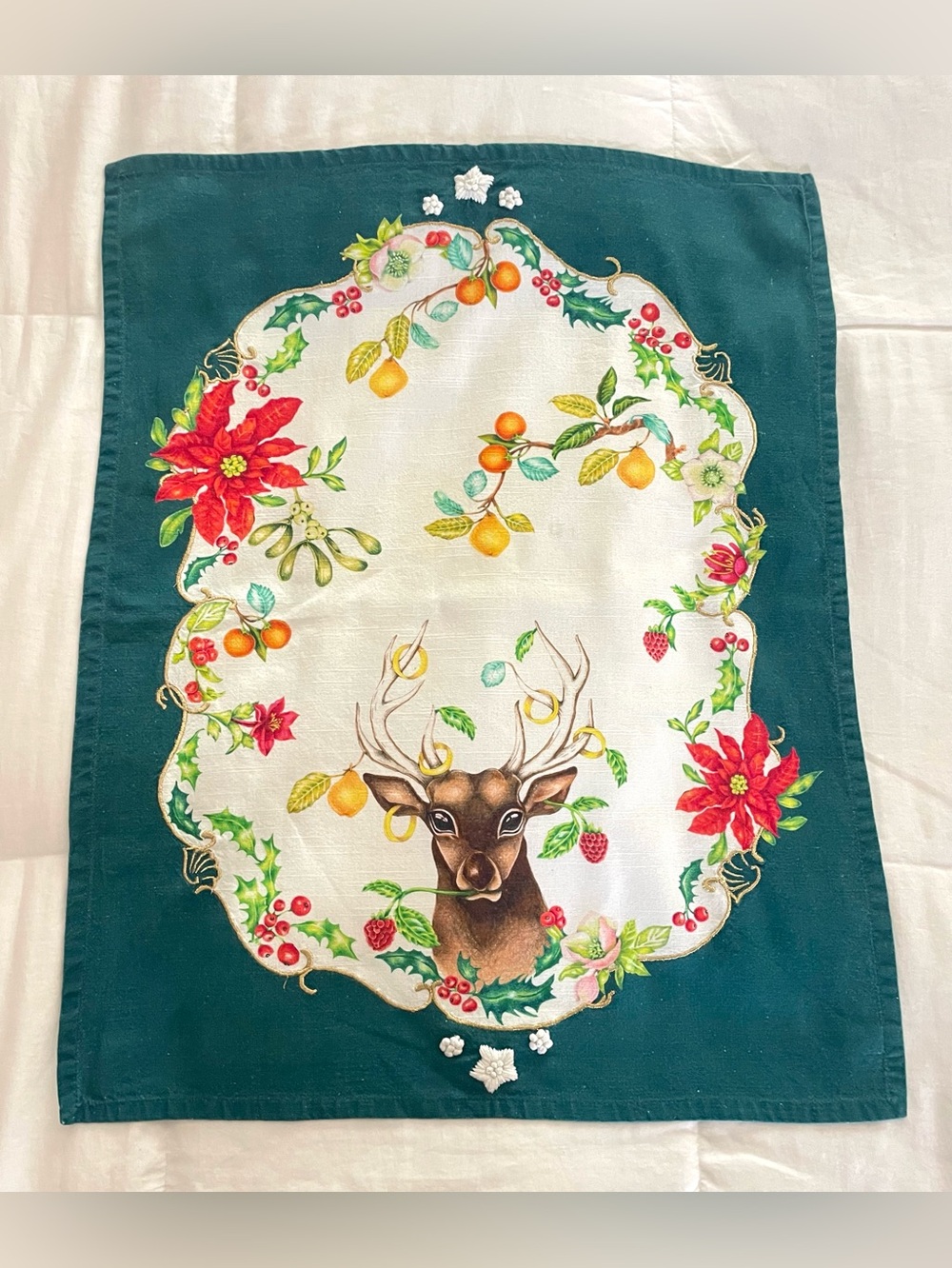 Anthropologie Lou Rita Christmas Deer Dish Towel Poinsettia Berries Cotton 22x28
